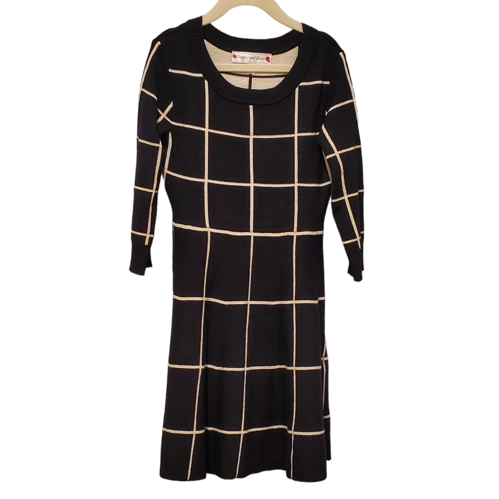 Poppies & Roses Lurex Window-Pane Fit-and-Flare Sweater Dress